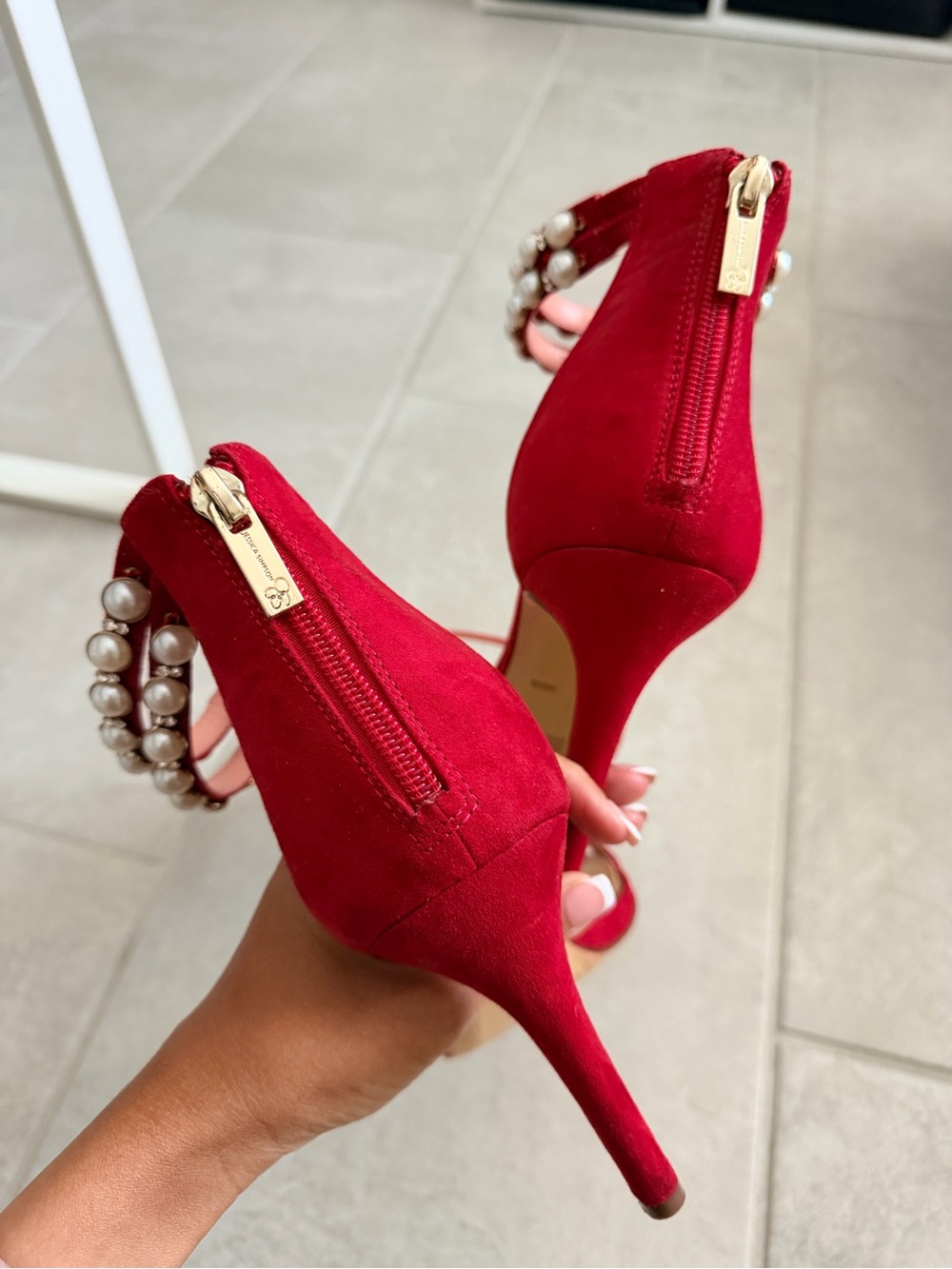 Jessica Simpson Berry Red Pearl-Ankle Strap Stiletto Sandals - Picture 3 of 5